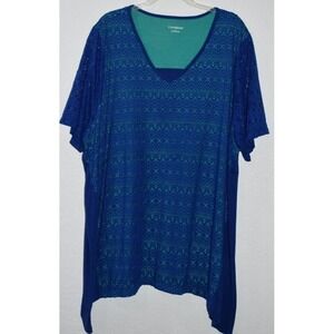 Catherines 2X Stretch top Artsy Blue Over Green Short Slv V-neck Shark-bite hem